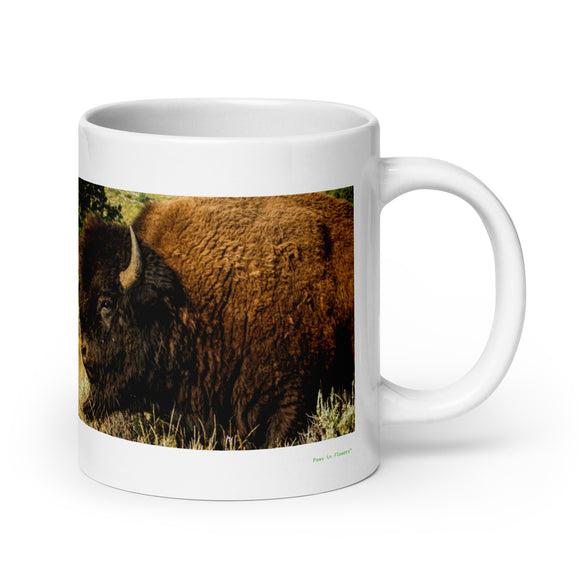 20 oz. white ceramic bison mug showing a bison in its natural habitat