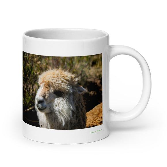 20 oz. white ceramic alpaca mug showing an alpaca in its natural habitat