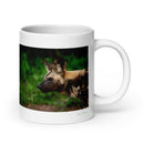 20 oz. white ceramic African wild dog mug showing an African wild dog in its natural habitat
