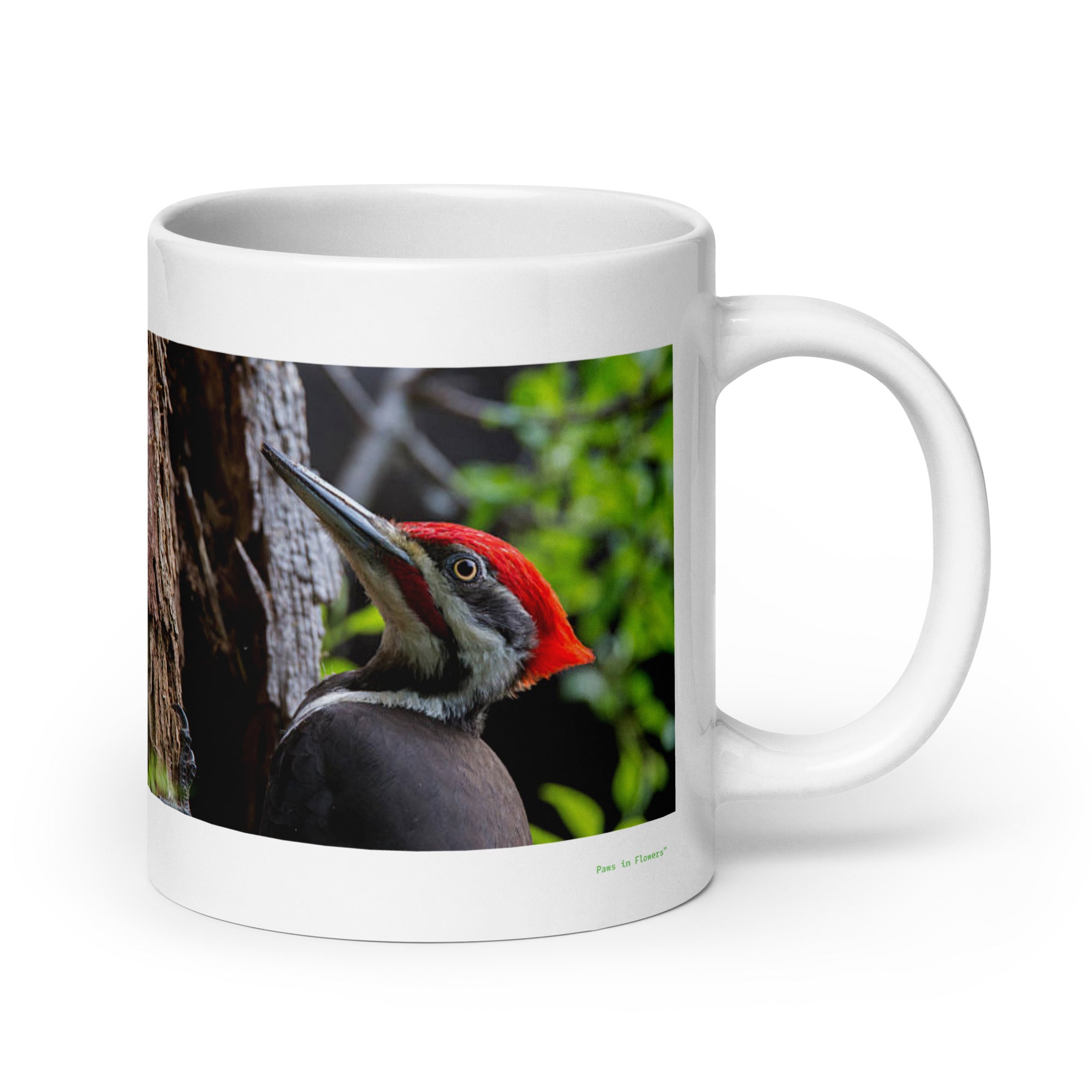 20 oz. white ceramic woodpecker mug showing a woodpecker in its natural habitat