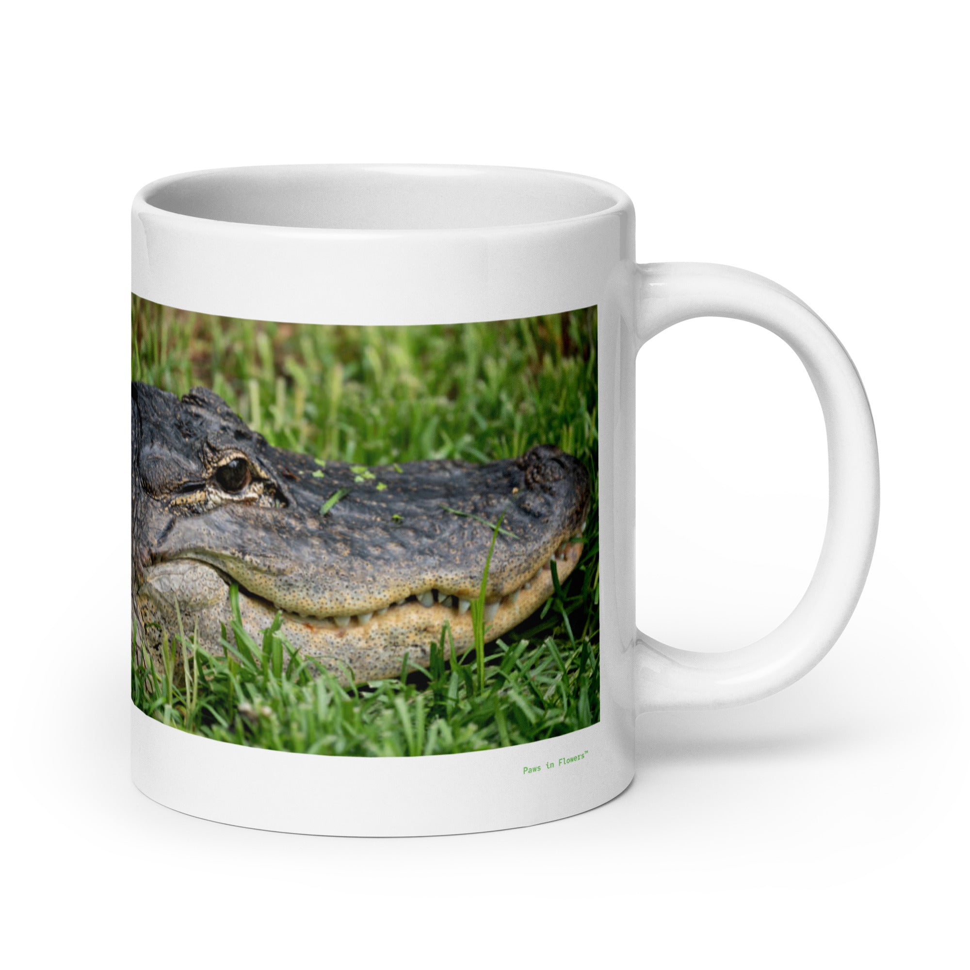 20 oz. white ceramic alligator mug showing an alligator in its natural habitat