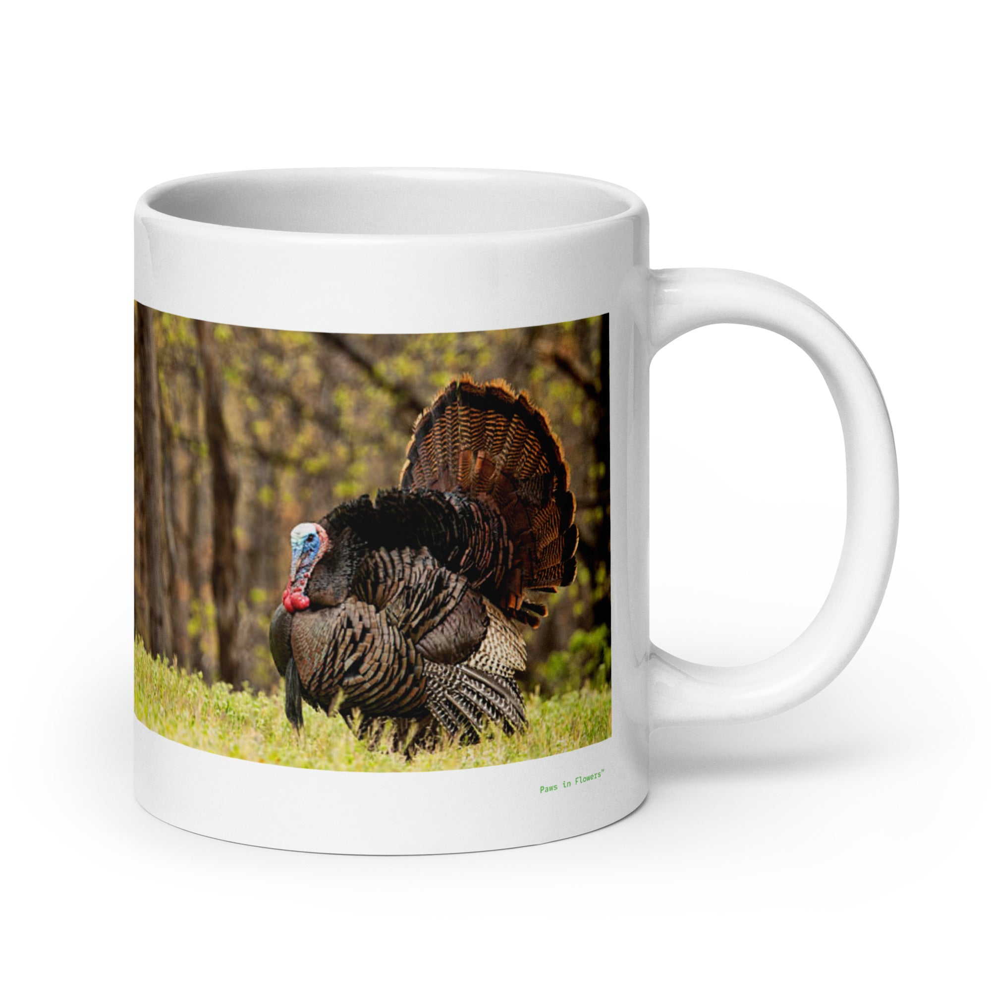 20 oz. white ceramic turkey bird mug showing a turkey bird in its natural habitat