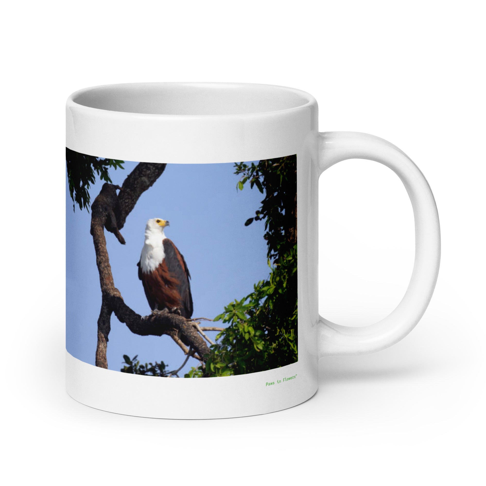 20 oz. white ceramic African fish eagle mug showing an African fish eagle in its natural habitat