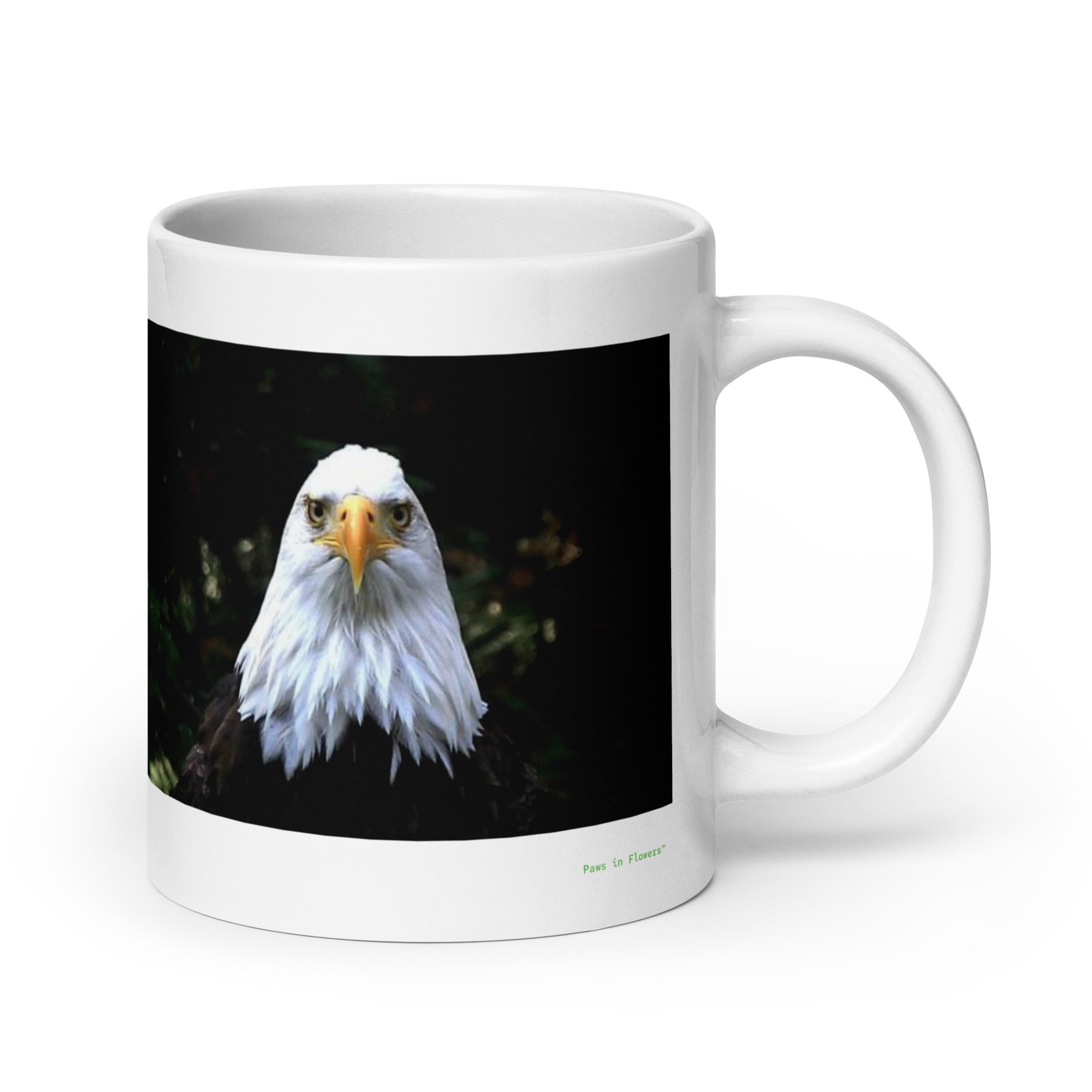 20 oz. white ceramic bald eagle mug showing a bald eagle in its natural habitat