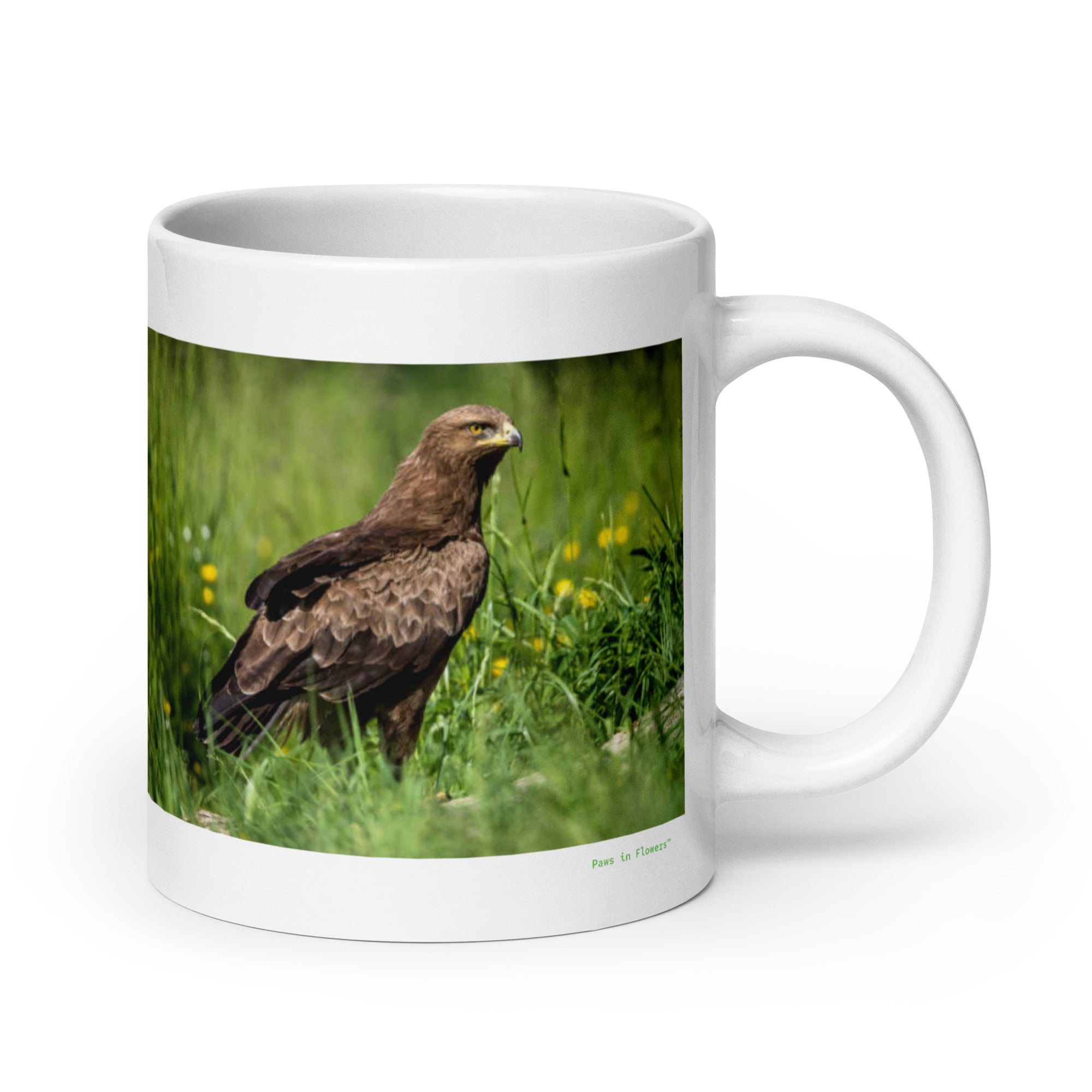 20 oz. white ceramic hawk mug showing a hawk in its natural habitat