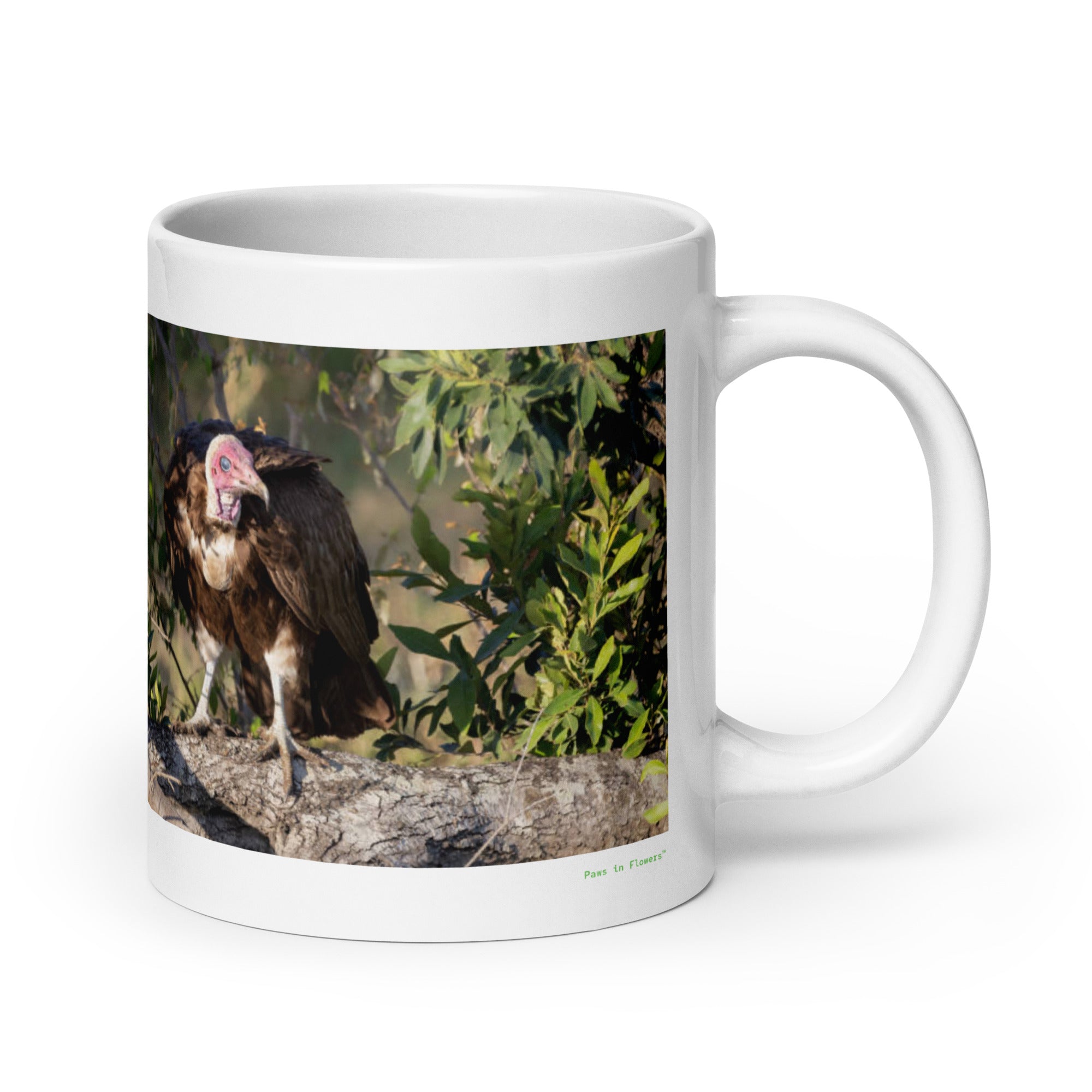 20 oz. white ceramic lappet faced vulture mug showing a lappet faced vulture in its natural habitat