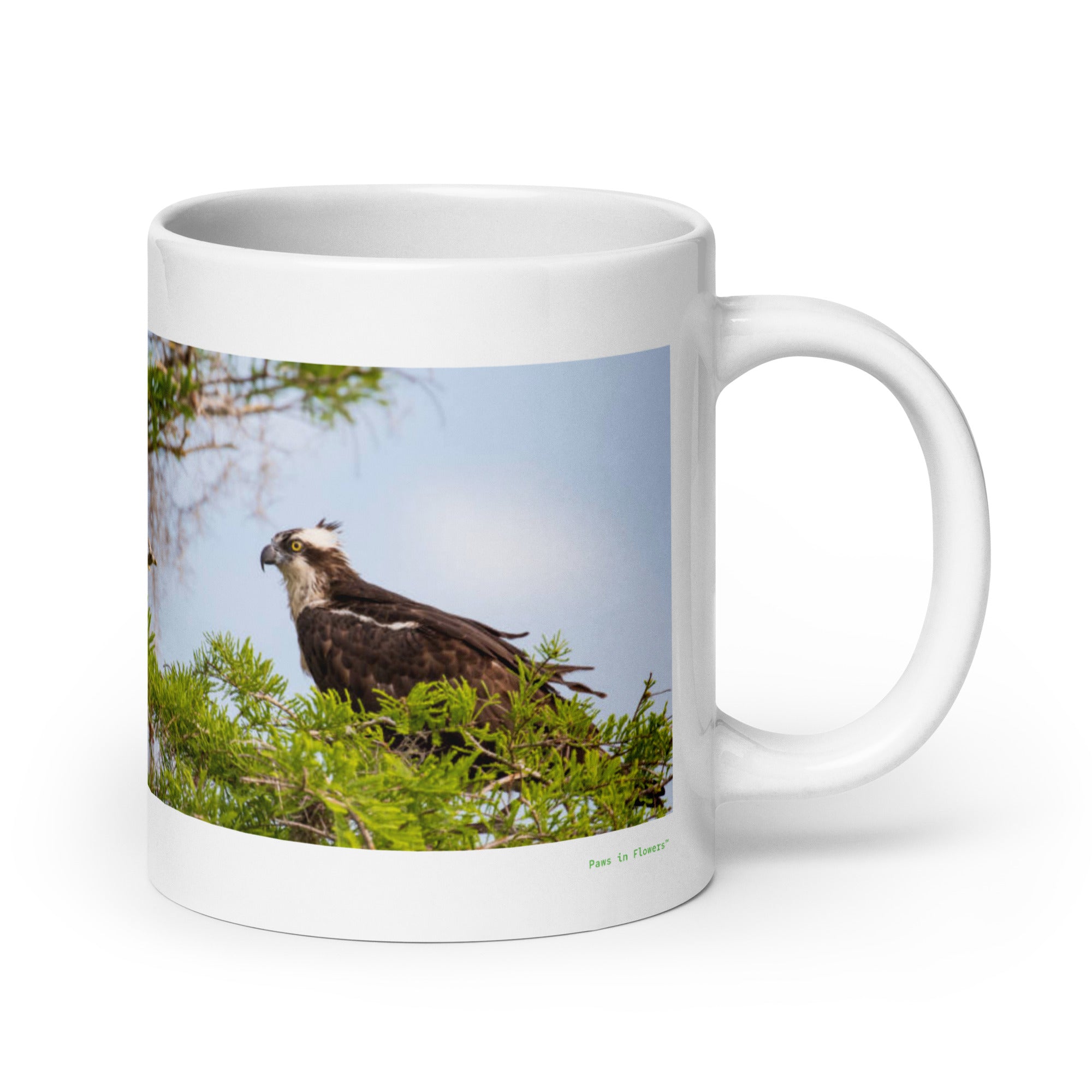 20 oz. white ceramic osprey mug showing an osprey in its natural habitat
