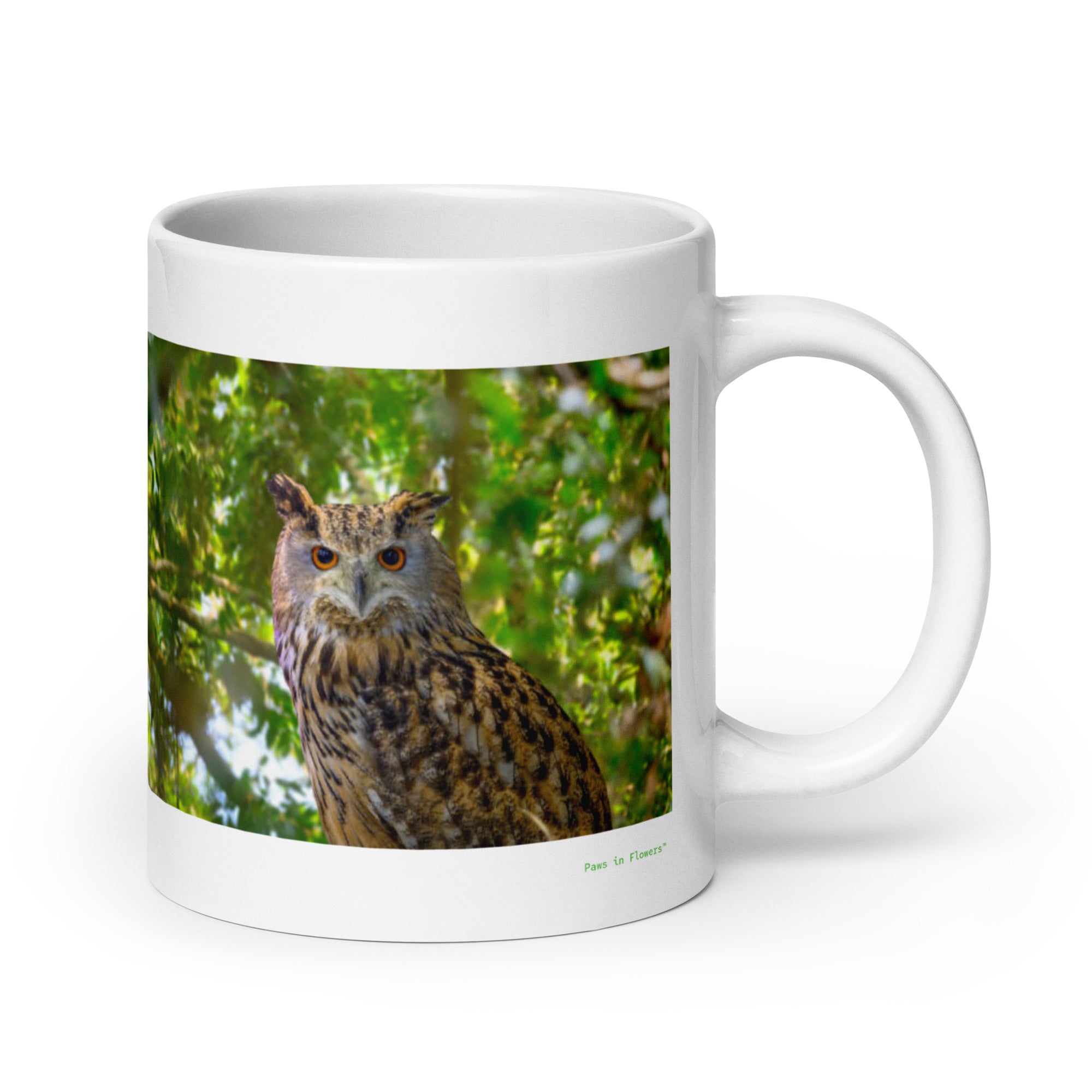20 oz. white ceramic owl mug showing an owl in its natural habitat