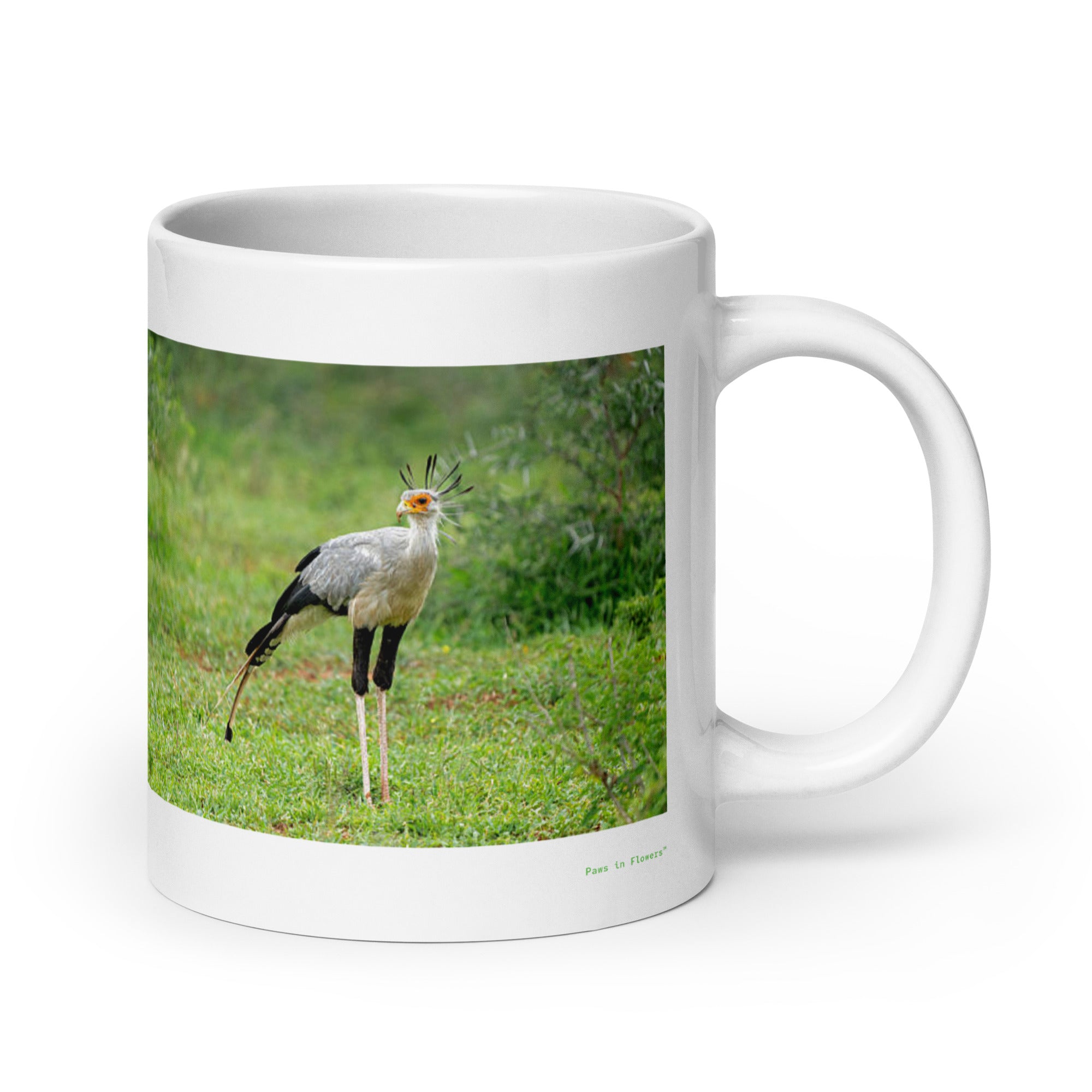20 oz. white ceramic secretary bird mug showing a secretary bird in its natural habitat