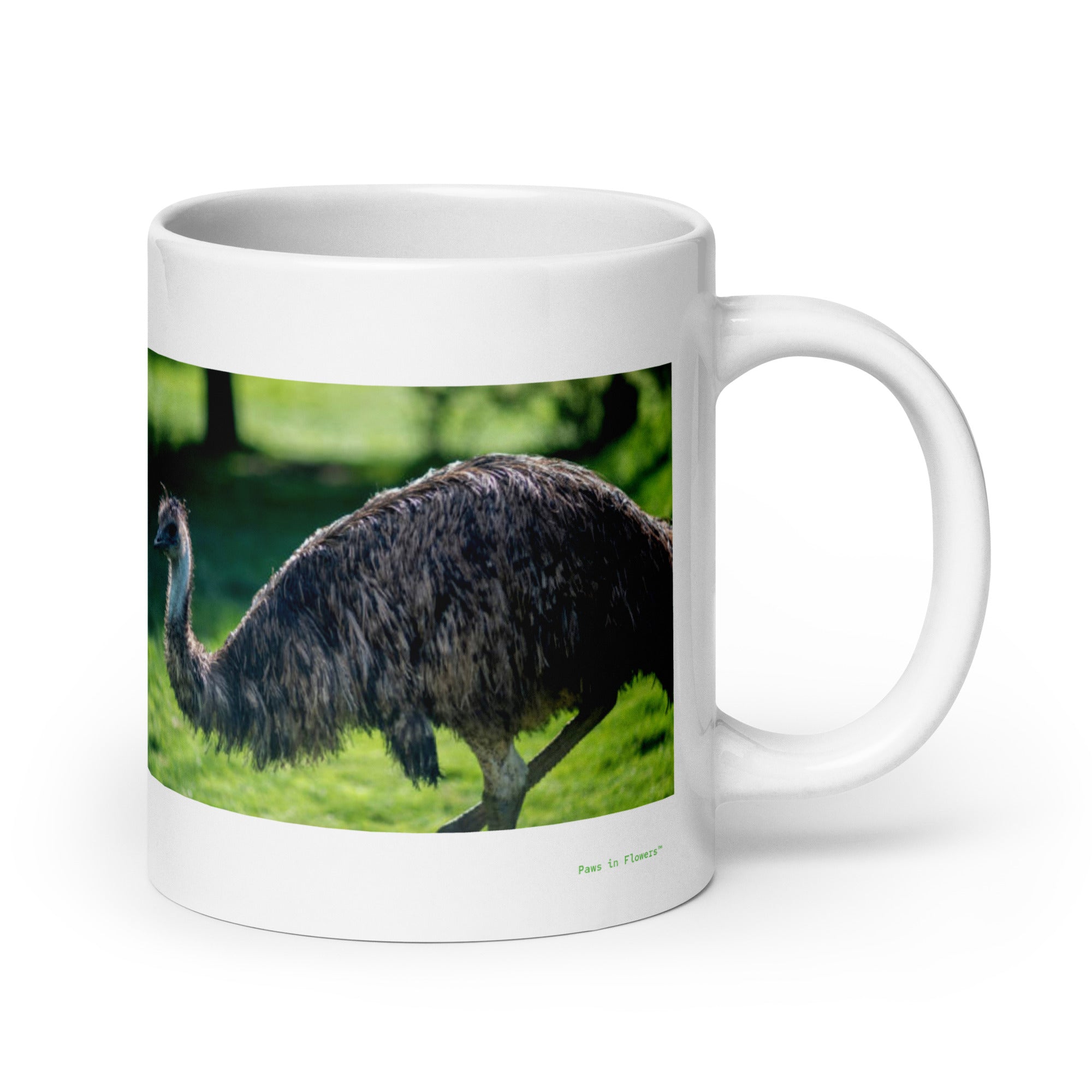 20 oz. white ceramic emu mug showing an emu in its natural habitat