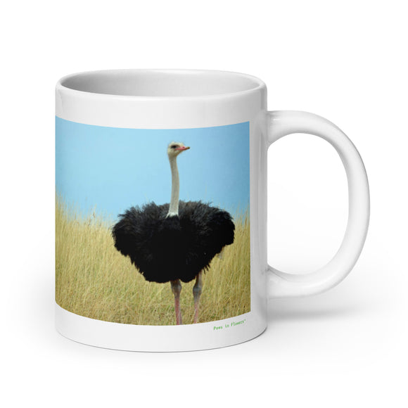 20 oz. white ceramic ostrich mug showing an ostrich in its natural habitat