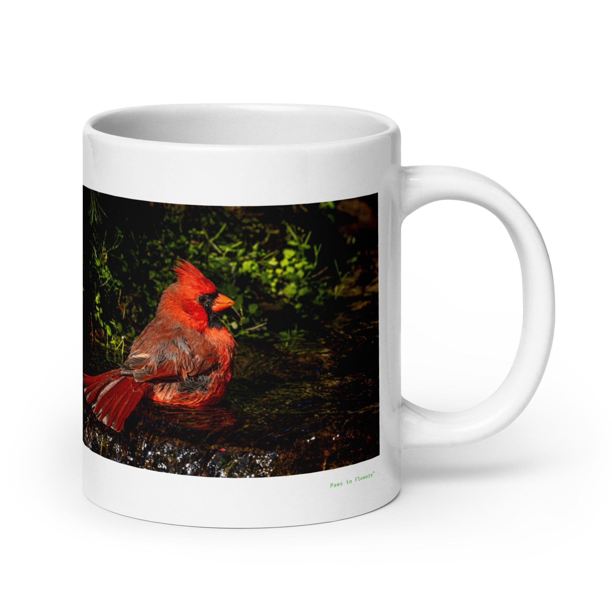 20 oz. white ceramic cardinal mug showing a cardinal in its natural habitat
