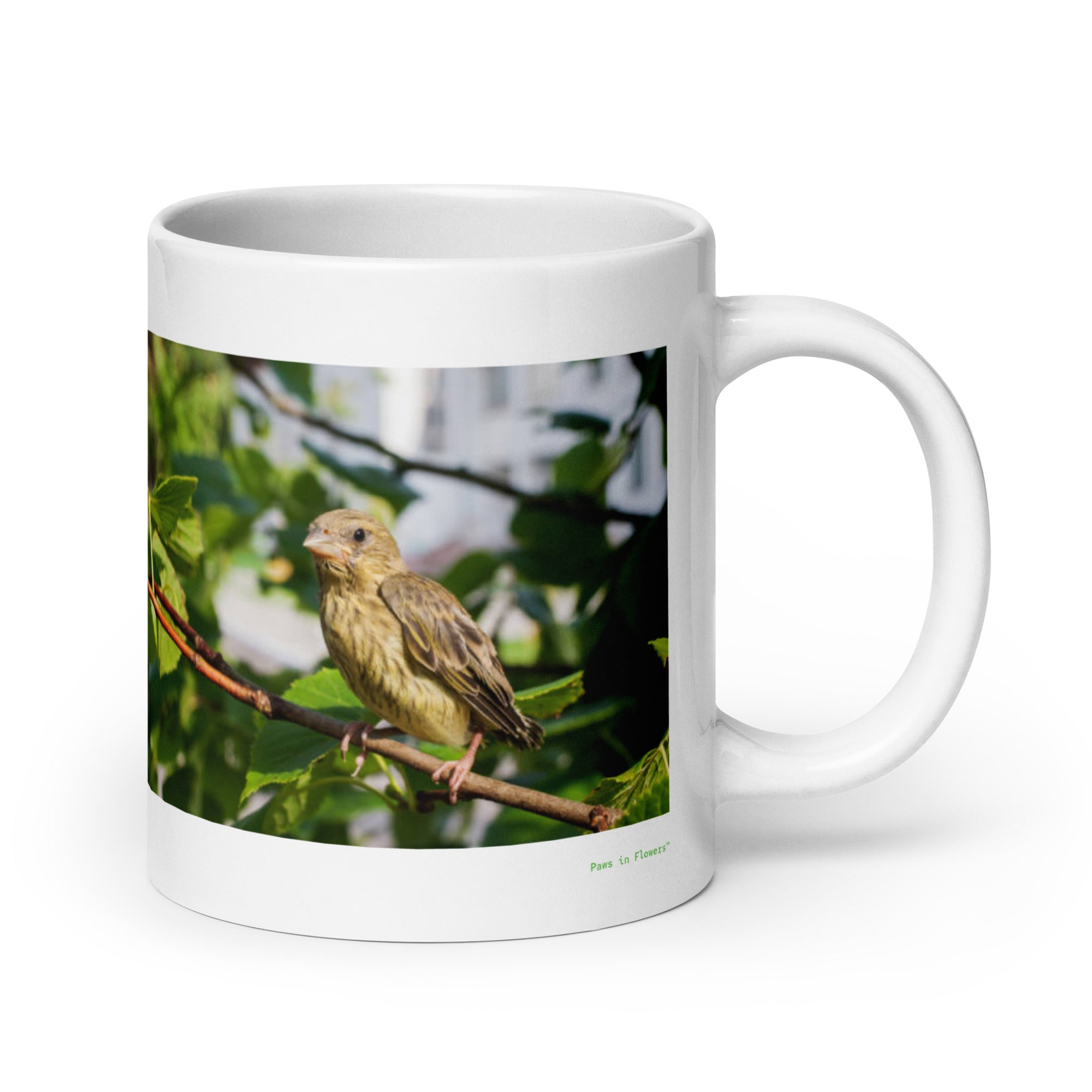 20 oz. white ceramic finch mug showing a finch in its natural habitat