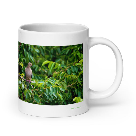20 oz. white ceramic dove mug showing a dove in its natural habitat