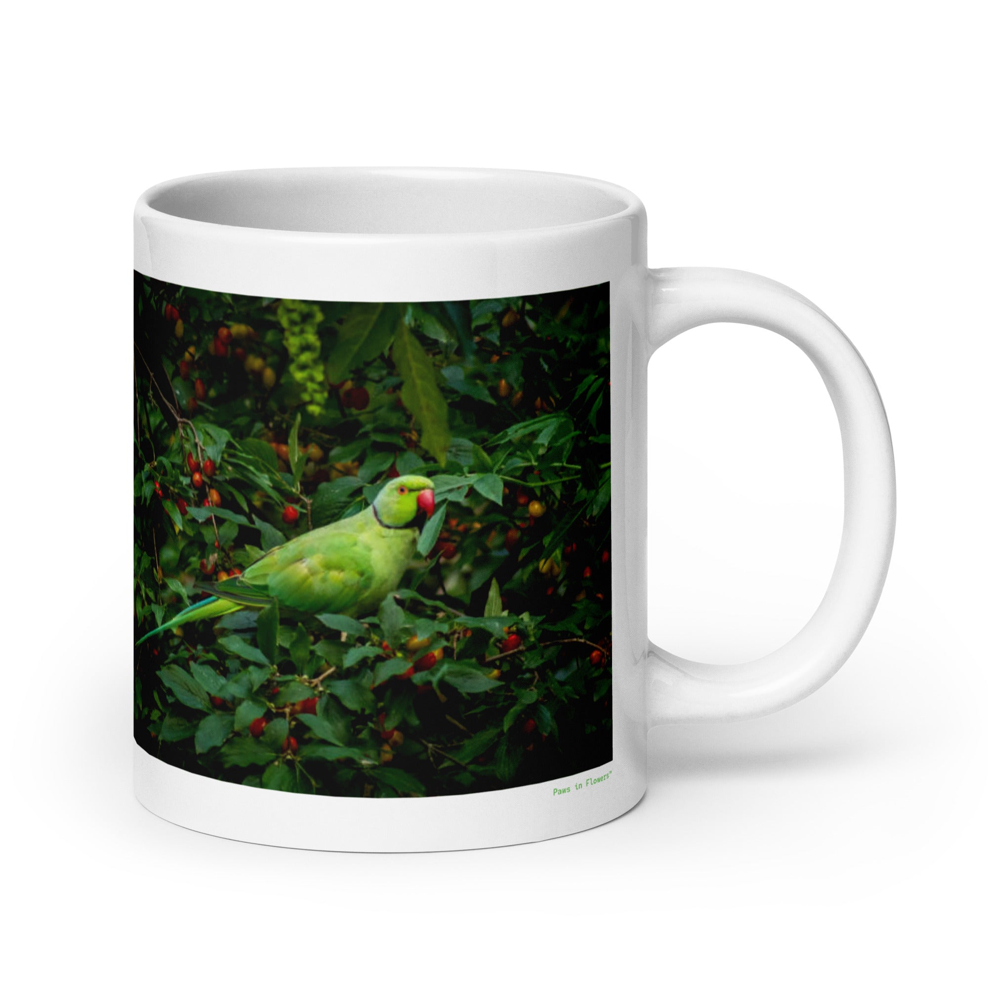 20 oz. white ceramic parrot mug showing a parrot in its natural habitat