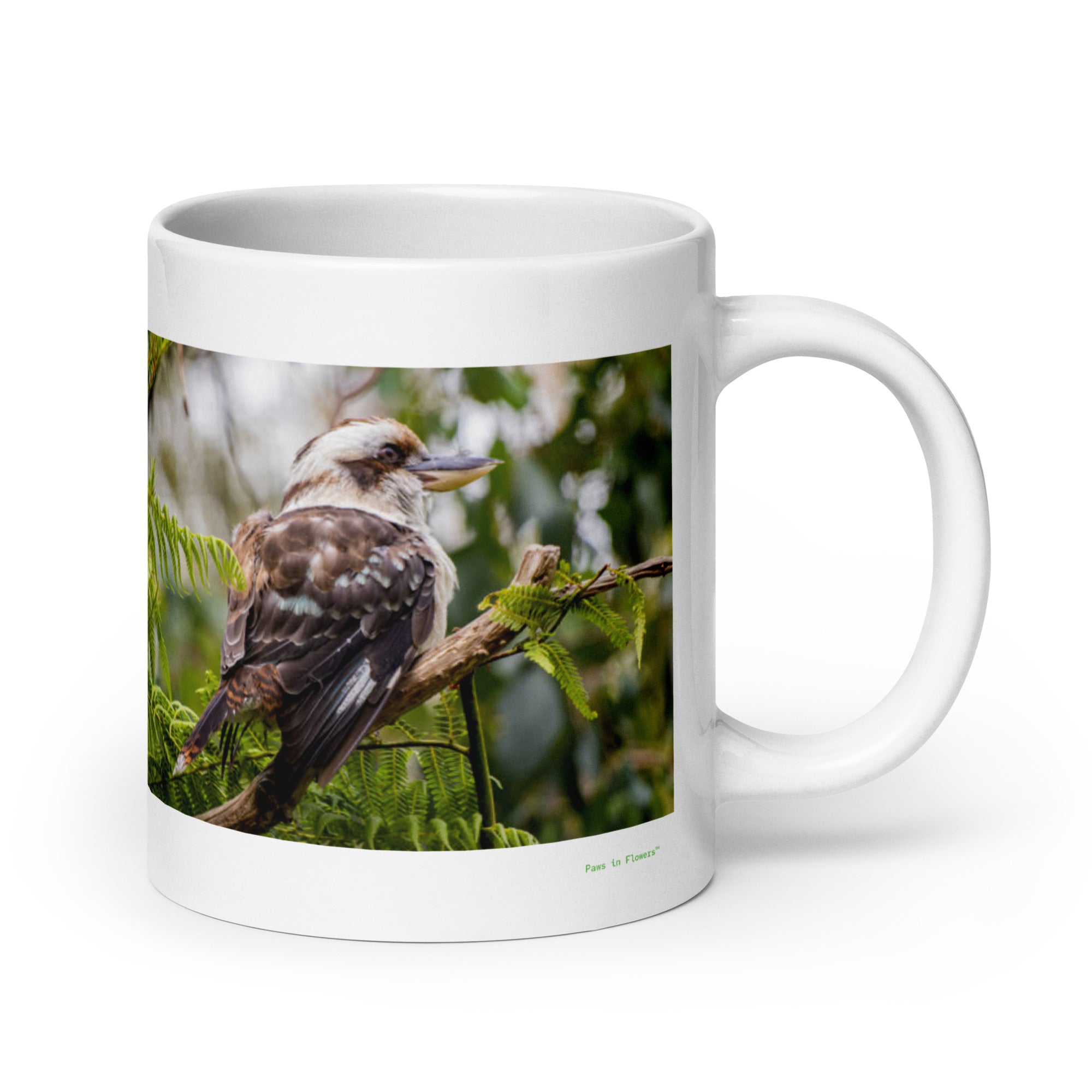 20 oz. white ceramic kookaburra mug showing a kookaburra in its natural habitat