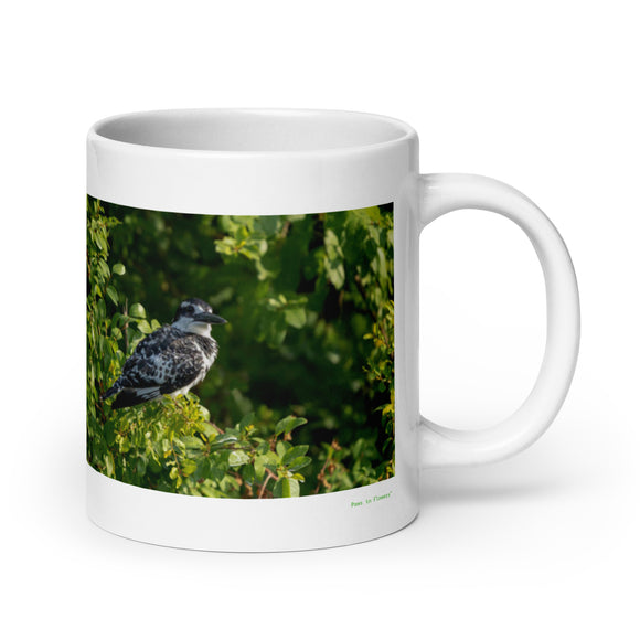 20 oz. white ceramic kingfisher mug showing a kingfisher in its natural habitat