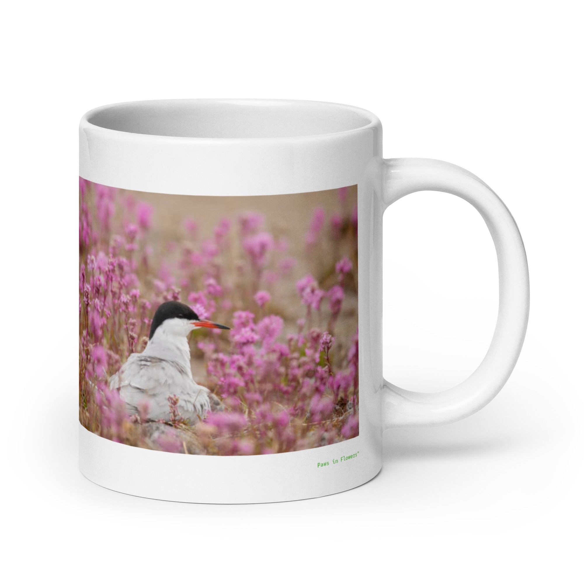 20 oz. white ceramic tern mug showing a tern in its natural habitat