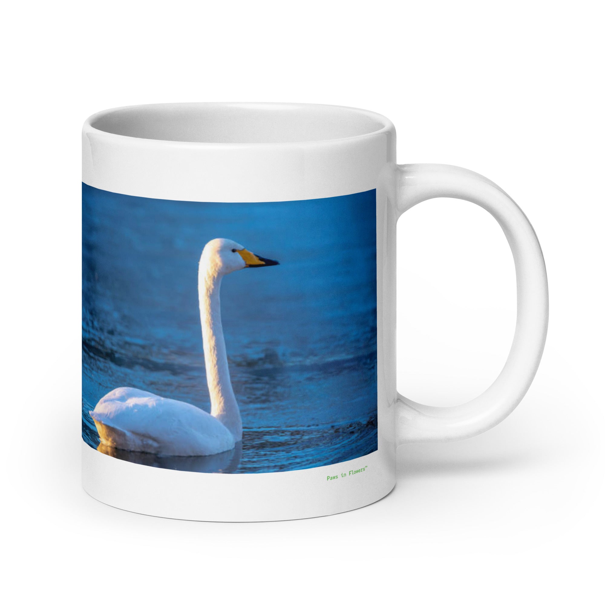 20 oz. white ceramic swan mug showing a swan in its natural habitat